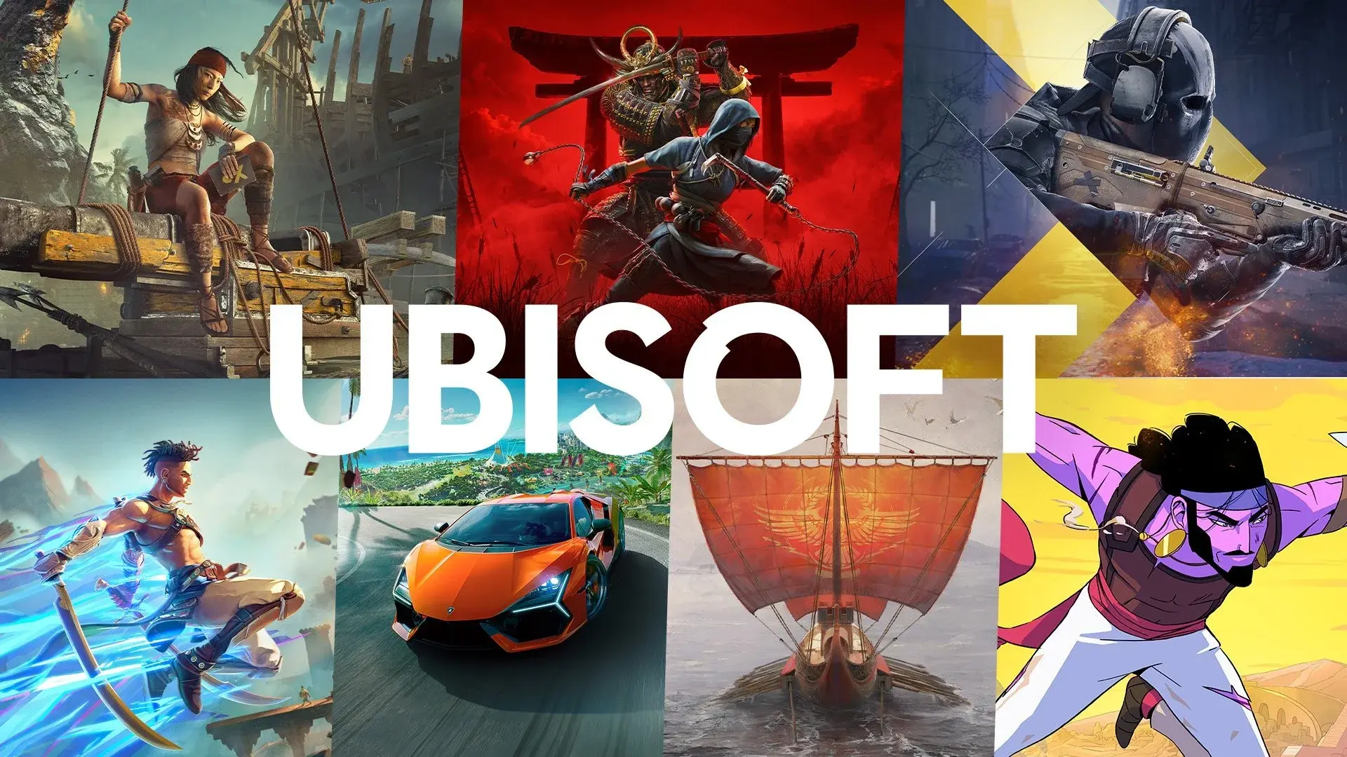 Ubisoft oyun portföyünü gösteren görselde, korsanlar, samuraylar, yarış arabaları, Viking gemisi ve çizgi film karakterleri gibi farklı oyun dünyalarından sahneler yer alıyor. Ortada büyük "UBISOFT" yazısı öne çıkıyor.