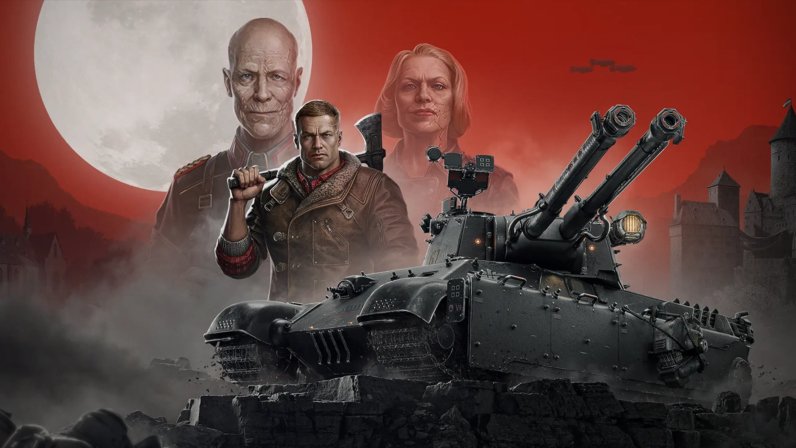 Wolfenstein serisine ait görselde, B.J. Blazkowicz omzunda baltasıyla zırhlı bir savaş aracının yanında duruyor. Arka planda büyük bir ayın önünde General Wilhelm “Deathshead” Strasse ve Frau Engel görülüyor.