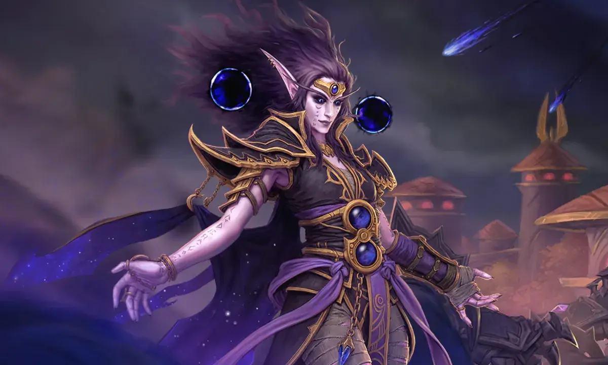 Fantastik evrende geçen bir MMORPG sahnesi: Mor tonlarda zırhlı, uzun sivri kulaklı elf büyücü kadın karakter karanlık bir şehir manzarası önünde büyü yapıyor. Etrafında dönen mavi enerji küreleri ve yıldızlı pelerin, mistik atmosferi güçlendiriyor.