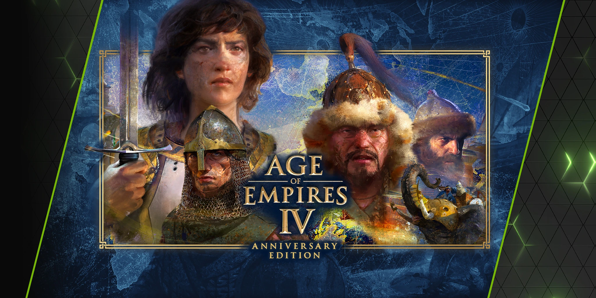Age of Empires IV: Anniversary Edition" görselinde, tarihi liderlerin ve askerlerin bir araya geldiği bir tasarım yer alıyor. Oyun sahnesinde bir savaşçı, Viking miğferi ve tarihî bir harita arka planda bulunuyor.