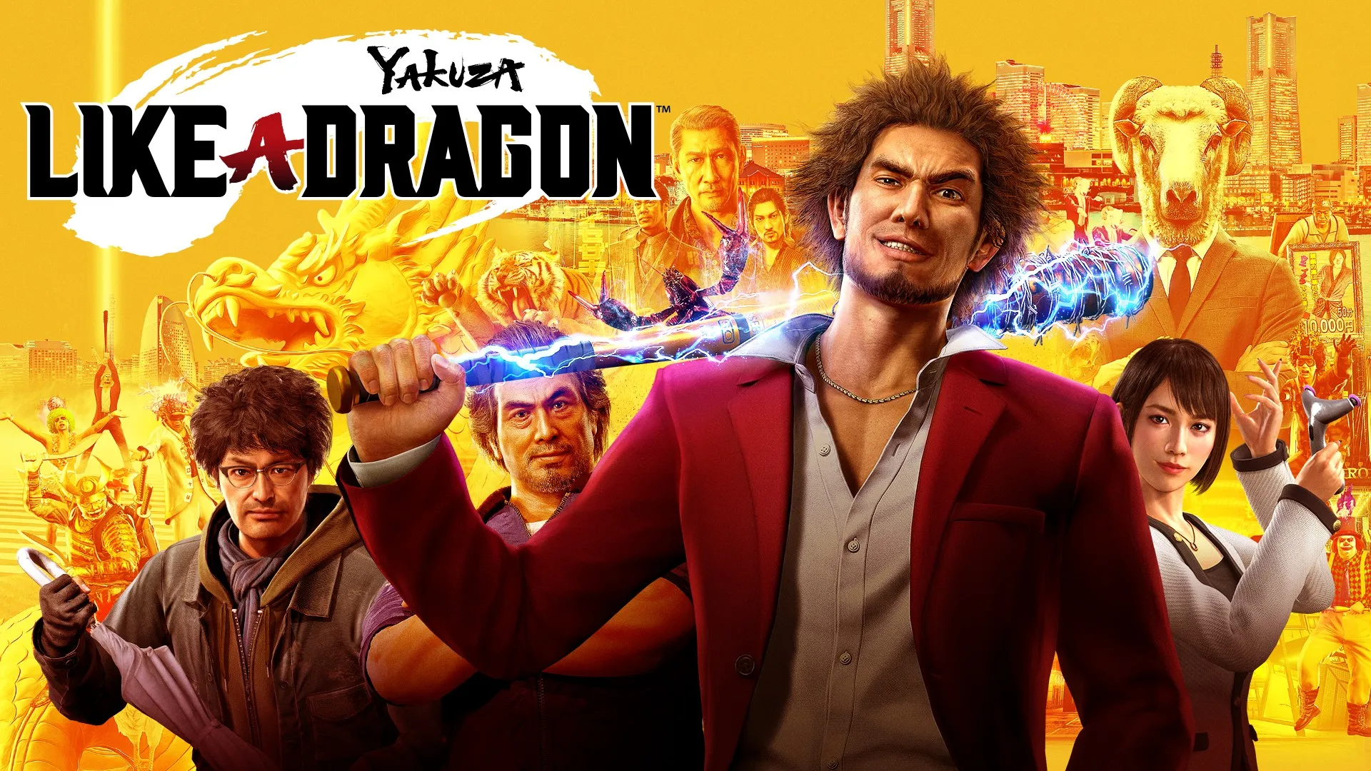 Yakuza: Like a Dragon oyununa ait görselde, takım elbisesiyle Ichiban Kasuga elinde elektrik efektleriyle çevrili bir beyzbol sopası tutarken görülüyor. Arka planda Yokohama şehir manzarası yer alırken üst bölümde “Yakuza: Like a Dragon” logosu bulunuyor.
