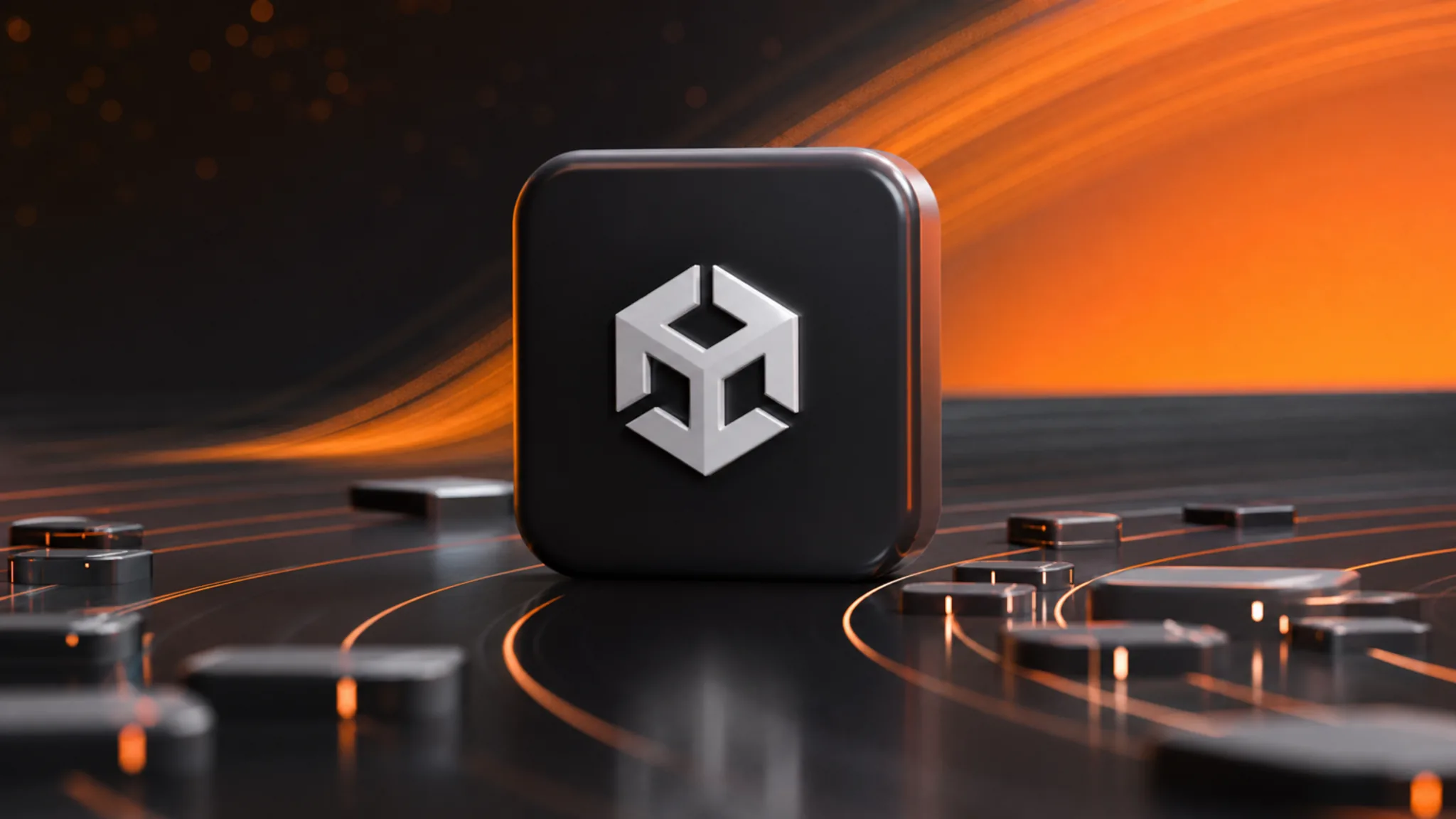 Unity oyun motorunun logosunu öne çıkaran, siyah ve turuncu tonlarda hazırlanmış teknolojik bir görsel. Ortada metalik Unity logosu bulunan siyah kare simge, çevresinde devreleri andıran çizgiler ve geometrik parçalar yer alıyor.
