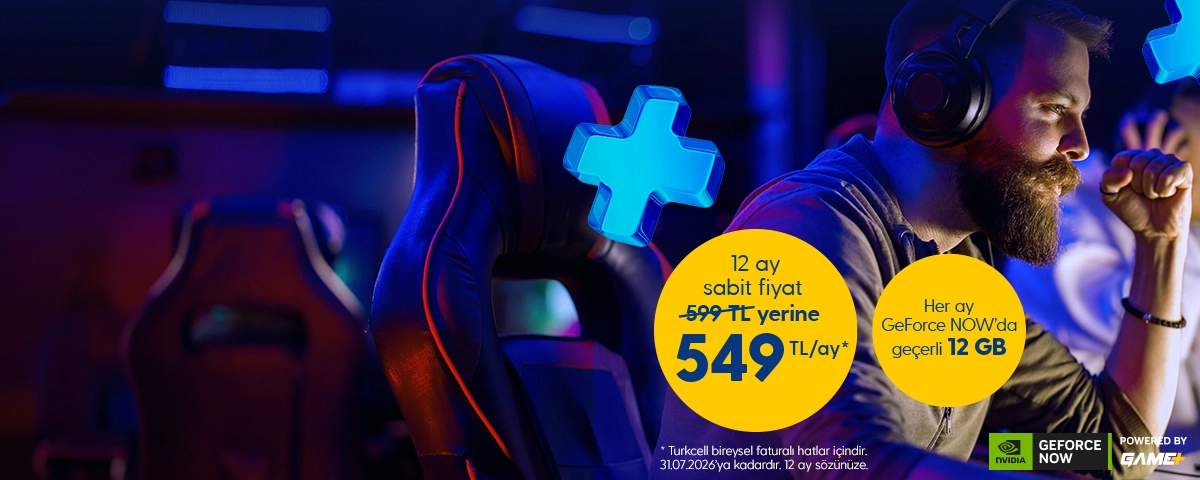 Turkcell GeForce NOW servisinde sunulan 12 ay sabit fiyat kampanyasını tanıtan, oyuncunun bilgisayarda oyun oynadığı reklam görseli. Kampanya kapsamında aylık ücret 549 TL olarak belirtilmektedir.